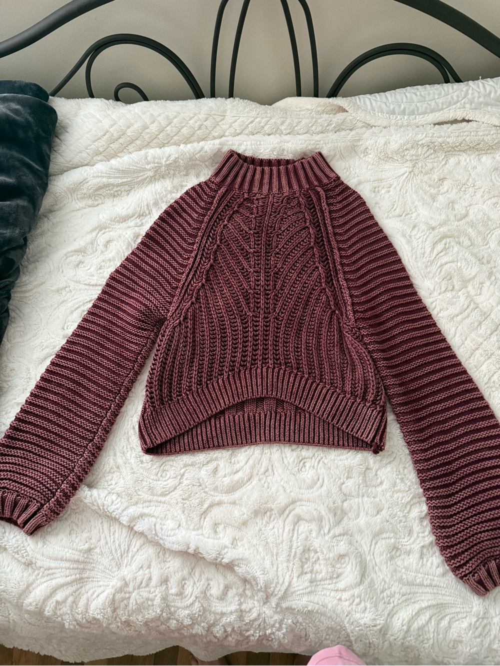 Free People Cable-Knit Cropped Turtleneck Sweater - Burgundy
